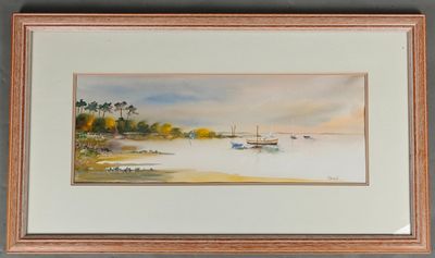 aquarelle encadrée représentant des bateaux sur l'eau dans une baie