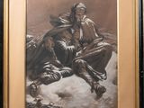 painting of a man riding a horse in the snow with a dog