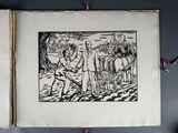a drawing of a man plowing a field with a horse