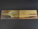 deux photos d'un tableau représentant un bateau sur un plan d'eau, avec un phare au loin