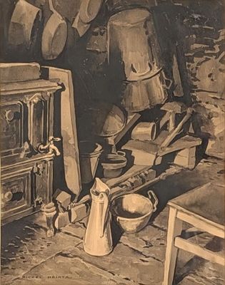 a black and white photo of a kitchen with pots and pans on the stove