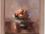 a painting of pears and apples in a bowl on a table