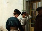 a painting of a group of men standing outside of a building