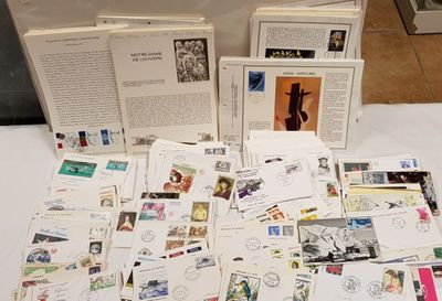 many different types of stamps on the table