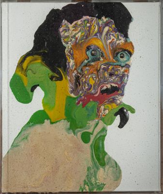 un tableau représentant un homme au visage vert sur fond blanc