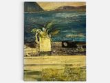 a painting of a vase of flowers on a table by the water