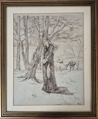 dessin encadré représentant un homme debout dans les bois, avec un cheval en arrière-plan