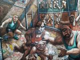 a painting of a group of men wrestling in a cage