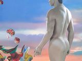 a painting of a naked man standing in a field of flowers