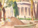 un tableau représentant un groupe de personnes jouant dans un parc