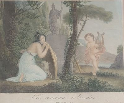 une photo d'un tableau représentant une femme jouant de la harpe