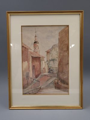 Vue du village et de l'église. Aquarelle sur papier.