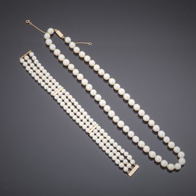 a cultured pearl and diamond necklace and bracelet suite