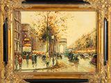 an oil painting of a city street scene with people and cars