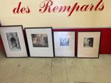 Trois photographies encadrées représentant des hommes et des femmes sont exposées devant un panneau