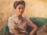 l'image d'un tableau représentant une femme assise sur un canapé