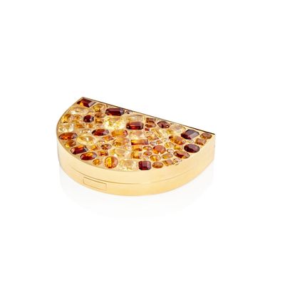 yellow gold plated pizza shaped brooch with garnetts and garnetts