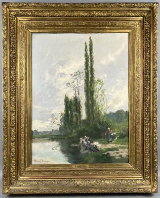 un tableau représentant une scène fluviale avec un groupe de personnes à bord d'un bateau