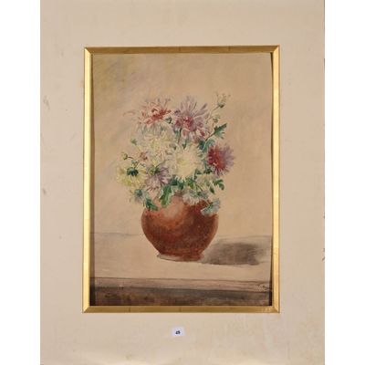 tableau représentant un vase de fleurs posé sur une table, dans un cadre doré