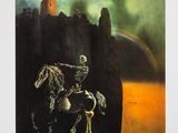 an image of a painting of a skeleton riding a horse in front of a castle