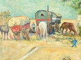 un tableau représentant une charrette tirée par un cheval avec des personnes à bord