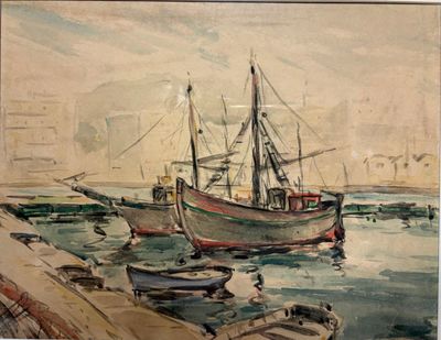une peinture représentant un bateau dans l'eau près d'un quai