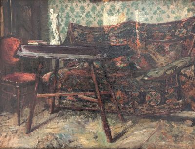 un tableau représentant un salon avec un canapé et une table