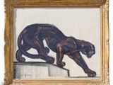 an image of a painting of a black panther on a ledge