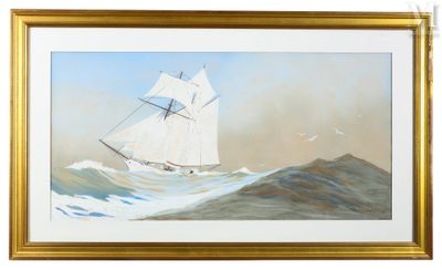 tableau représentant un voilier sur une mer agitée, avec des oiseaux volant au-dessus de lui