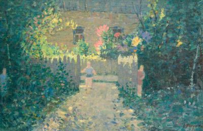 un tableau représentant une femme marchant sur un sentier dans un jardin