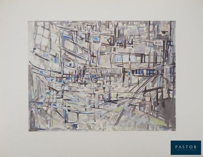 abstract painting of a cityscape in a white frame with a blue border