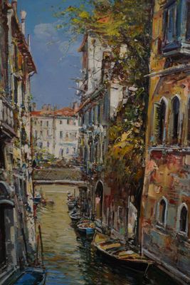 a painting of a canal with boats on it