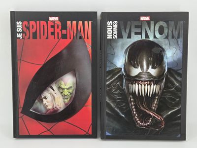 spider - man and venom book covers on a white surface