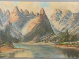 tableau représentant un paysage de montagne avec un lac et des montagnes en arrière-plan