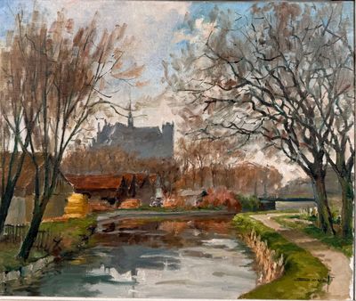 an image of a painting of a river with a house in the background