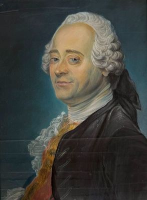 portrait d'un homme vêtu d'un manteau noir et d'un gilet rouge