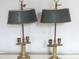 pair of antique brass table lamps with green shades