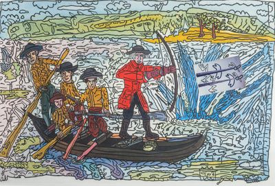 dessin représentant un homme dans un bateau avec un groupe de personnes à bord