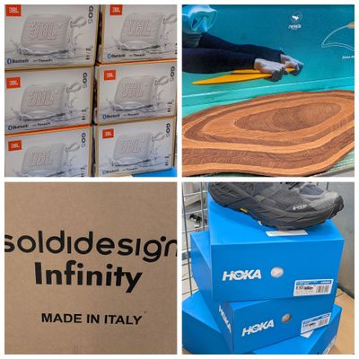 collage de photos représentant diverses paires de chaussures et des cartons de chaussures dans un magasin