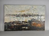 un tableau représentant un paysage urbain est accroché au mur