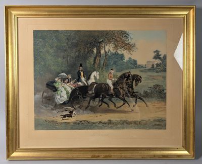 tableau représentant un groupe de personnes à cheval dans une zone boisée