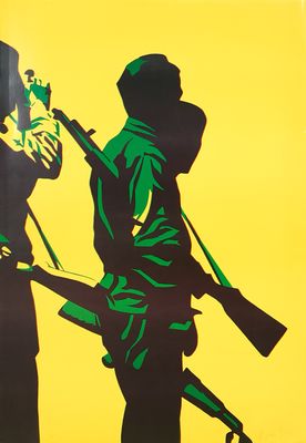 tableau représentant deux hommes armés et un oiseau sur fond jaune