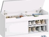 banquette de rangement blanche pour chaussures, avec portes et tiroirs