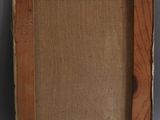 a painting of a brown frame with a white label on it