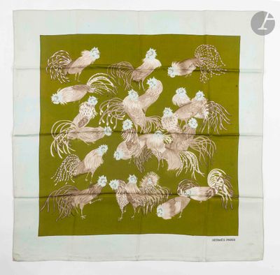 silk scarf with a flock of chickens and roosters on a green background