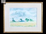 une image représentant une aquarelle d'un champ avec une grange au loin
