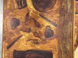 a wooden box with a painting of a kitchen utensil and utensils on it