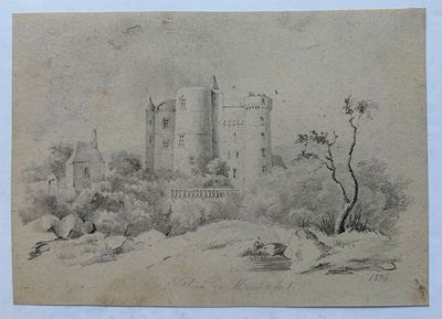 un vieux dessin représentant un château au milieu d'une forêt