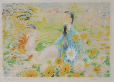tableau représentant une femme assise dans un champ de tournesols, à côté d'un chat
