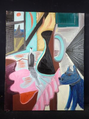 un tableau représentant un vase posé sur une table près d'une fenêtre